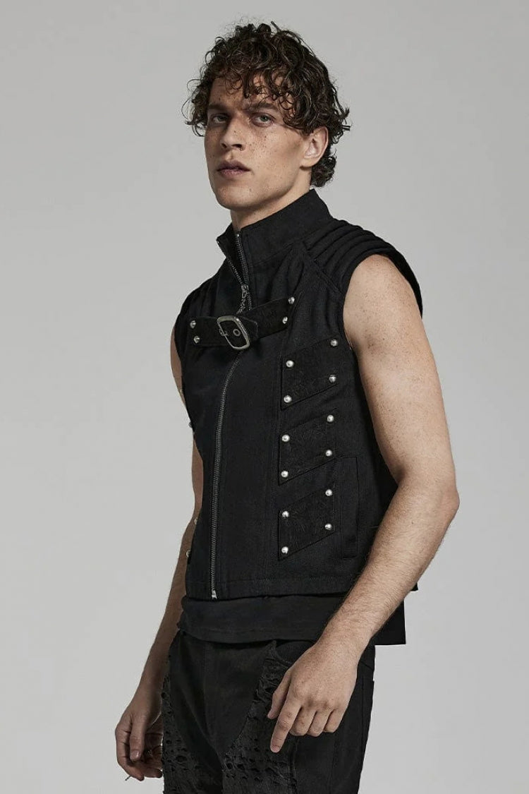 Black Stand Collar Sleeveless Stitching Buckle Decoration Steampunk Vest