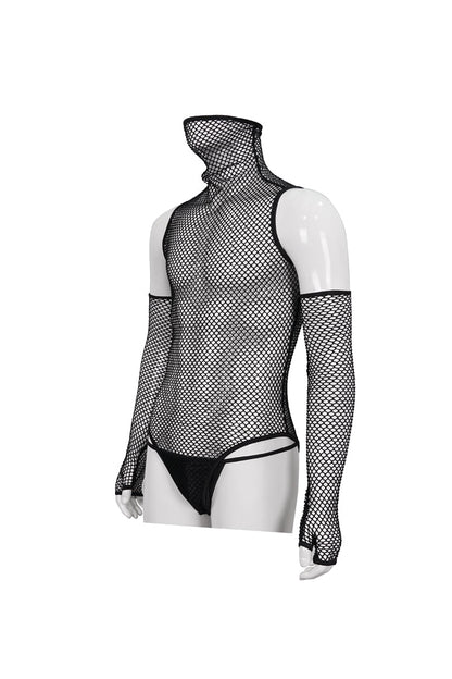 Black Transparent Mesh Super High Collar Masked Glove Thong Punk Onesie
