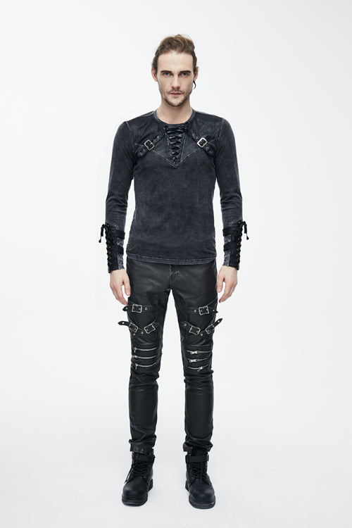 Black Faded Long Sleeves Lace Up Punk T-shirt
