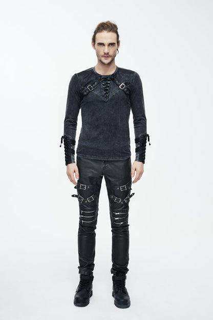 Black Faded Long Sleeves Lace Up Punk T-shirt
