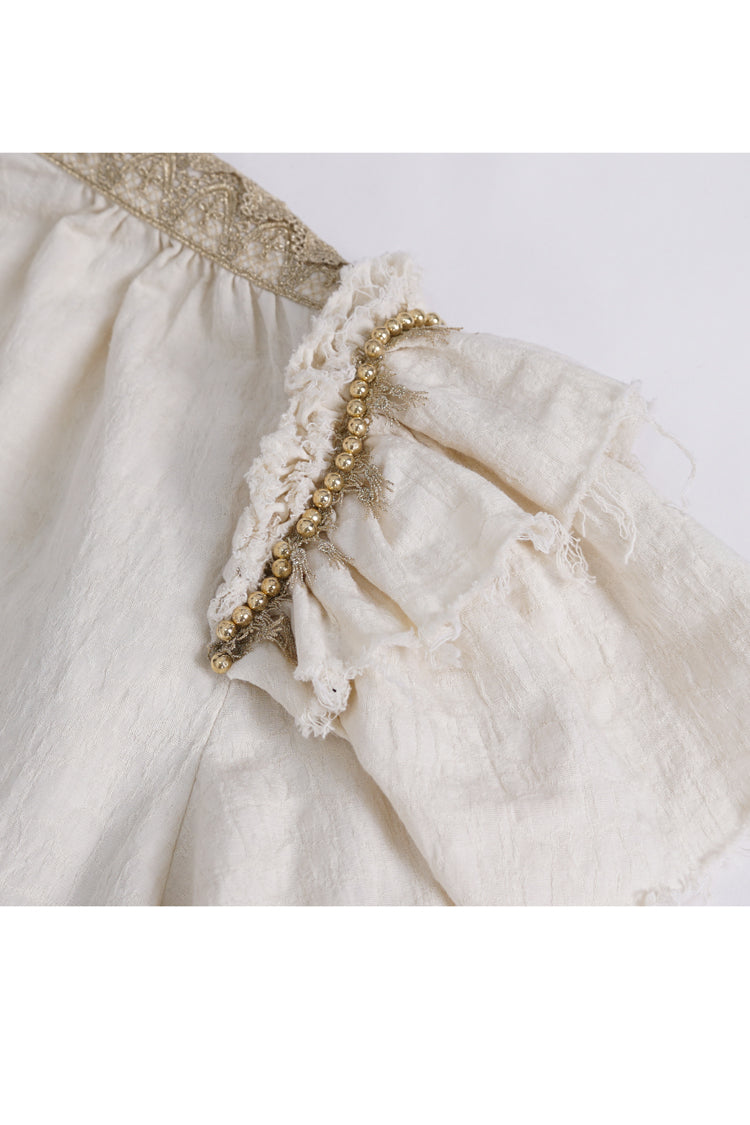 Beige Stand Collar Lantern Sleeves Multi-layer Ruffle Gothic Blouse