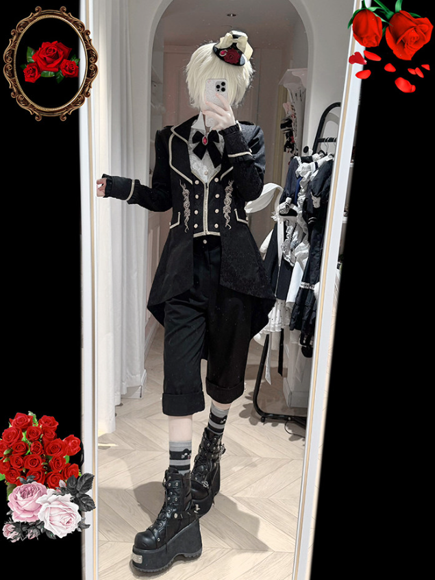 [pre-order Deadline: May 8] White Lace Ruffle High Collar Prince Shirt + Black Tailored Bermuda Shorts
