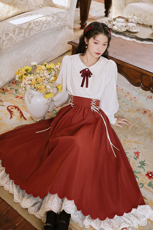 Color High Waisted Lace Wave Hem Two Pieces Classic Lolita Dress
