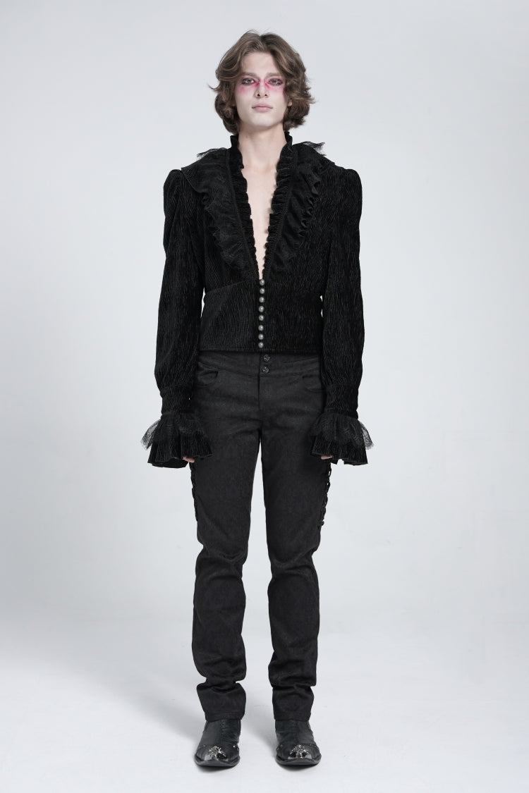 Black V Collar Long Sleeves Ruffle Stitching Lace Gothic Blouse