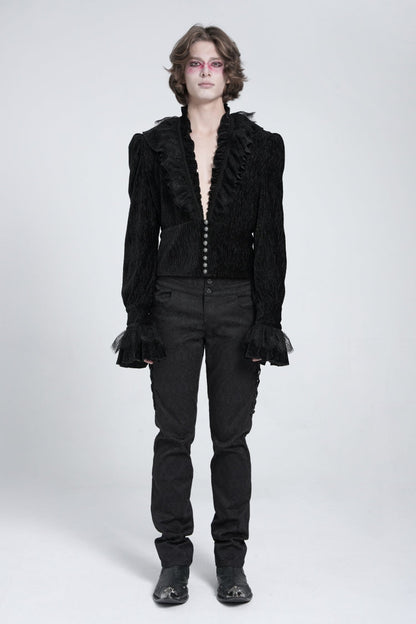 Black V Collar Long Sleeves Ruffle Stitching Lace Gothic Blouse