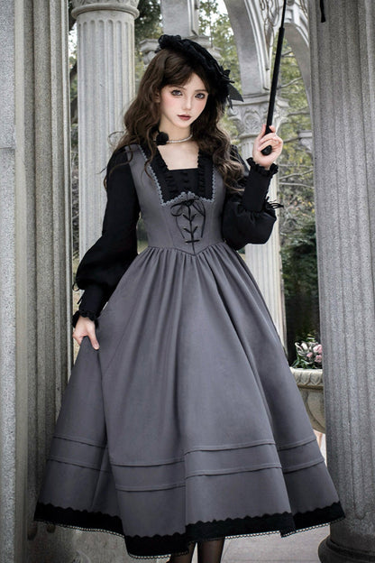 Grey [mist Chronicle] Square Collar Long Sleeves Bowknot Lace-up Color-block Fake Two Pieces Classic Lolita Dress