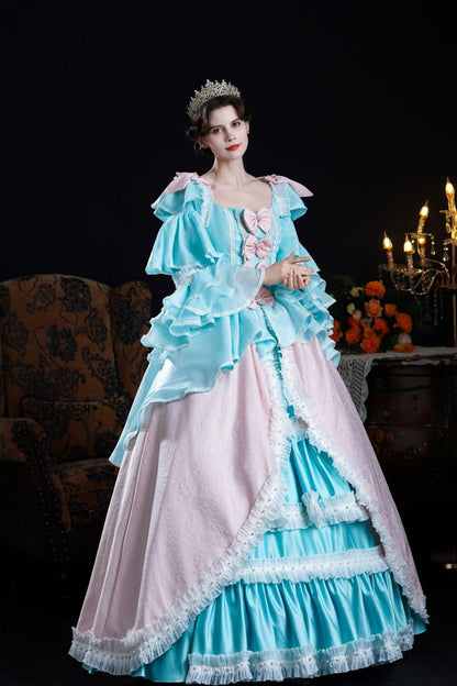 Blue/pink Square Collar Long Trumpet Sleeves Triple-layered Ruffled Open-front Bow Classic Palace Lolita Victorian Dress