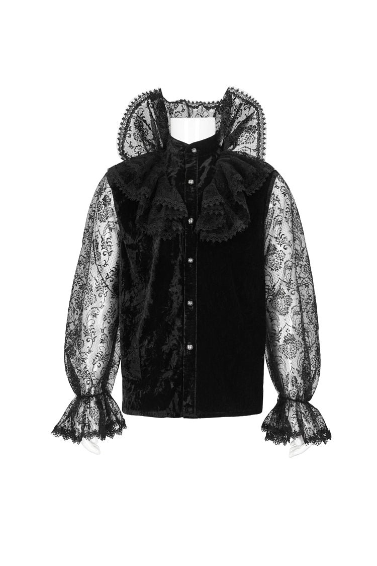 Black Lotus Leaf Stand Collar Semitransparent Lace Long Sleeved Gothic Shirt