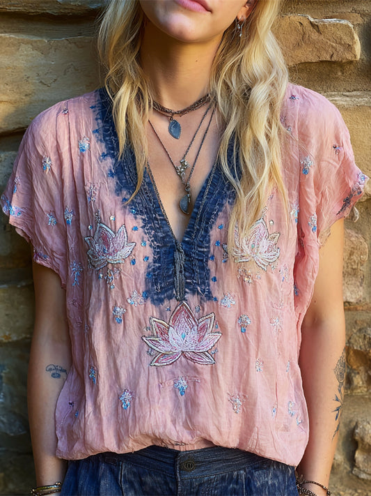 Boho Lotus Embroidery Women's Linen Short Sleeve Shirt elevenforest