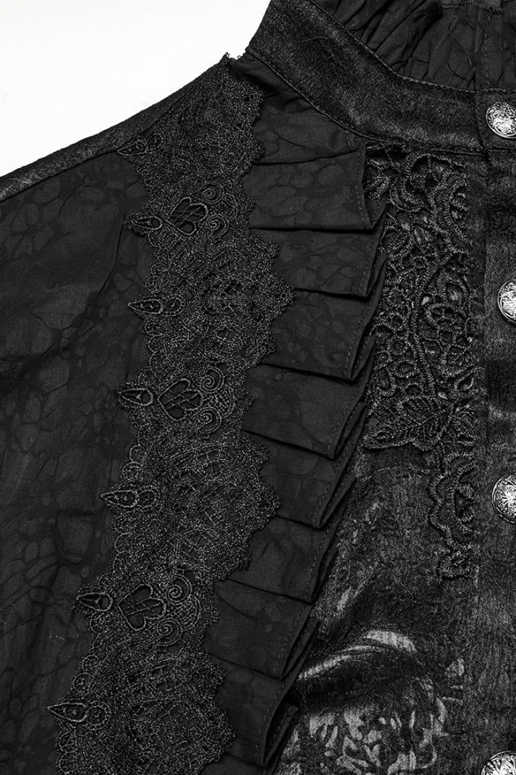 Black Stand Collar Long Puff Sleeves Jacquard Ruffle Embroidery Gothic Blouse