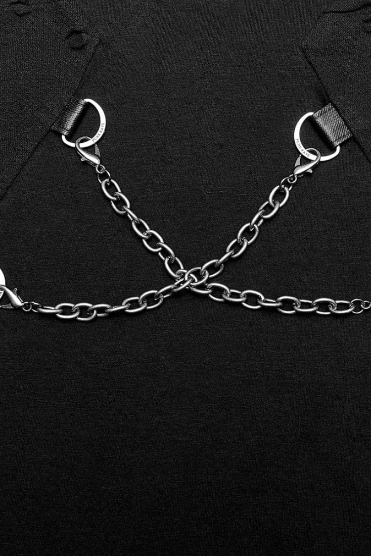 Black Stand Collar Long Sleeves Ripped Metal Chain Steampunk T-shirt