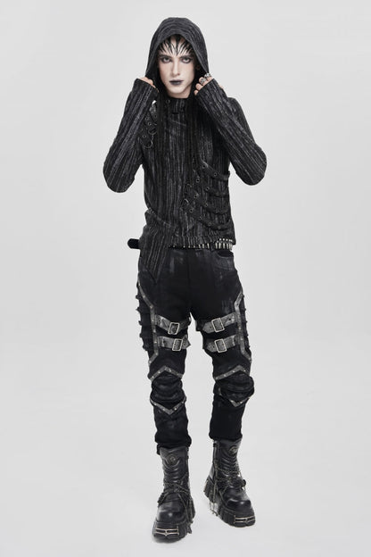 Black Long Sleeves Irregular Hooded Straps Eyelet Punk Blouse