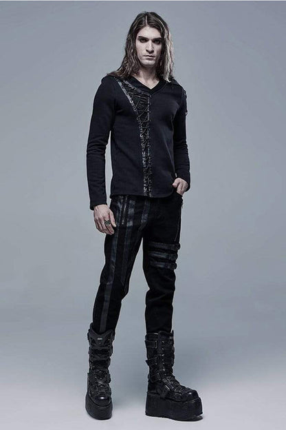 Black Long Sleeve Knit Front Splice Imitation Leather Lace Up Punk T-shirt