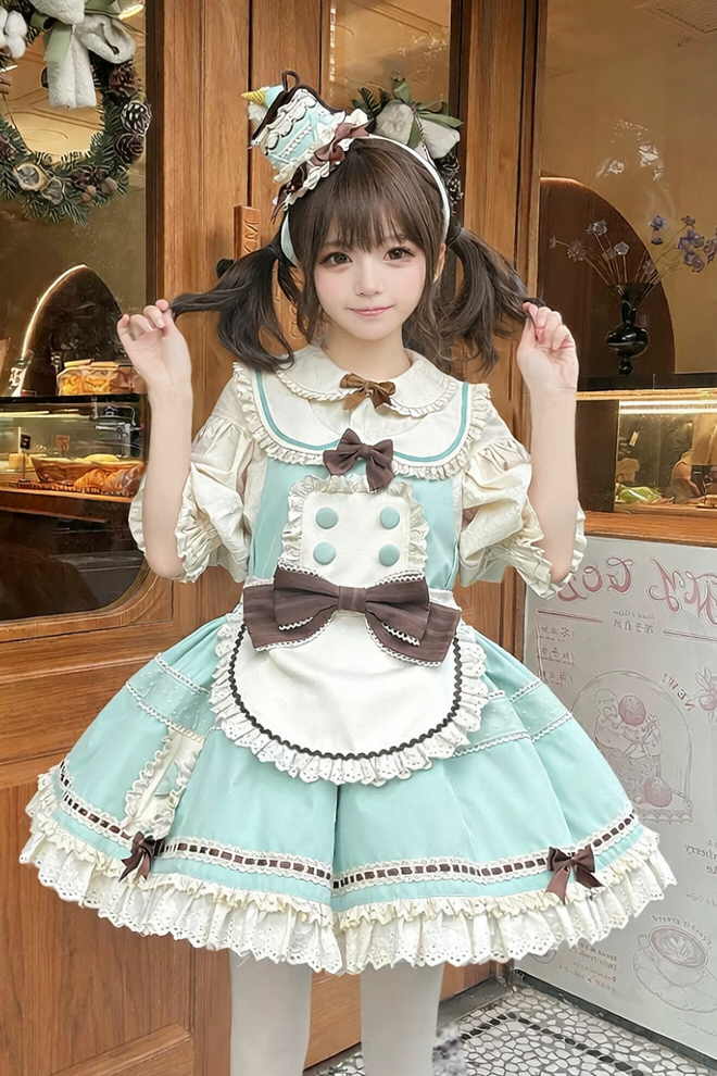 [pre-order Item]chocolate Mint Sailor Collar Girly Maid Dress + Cake Hat