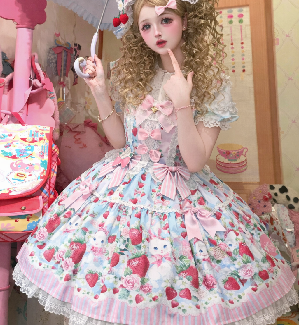 [pre-order Deadline: April 29] Strawberry Rabbit Ear Ribbon Shirt + Ruffled Shoulder Lace Ribbon Jk School Uniform Dress + Full Set/complete Set