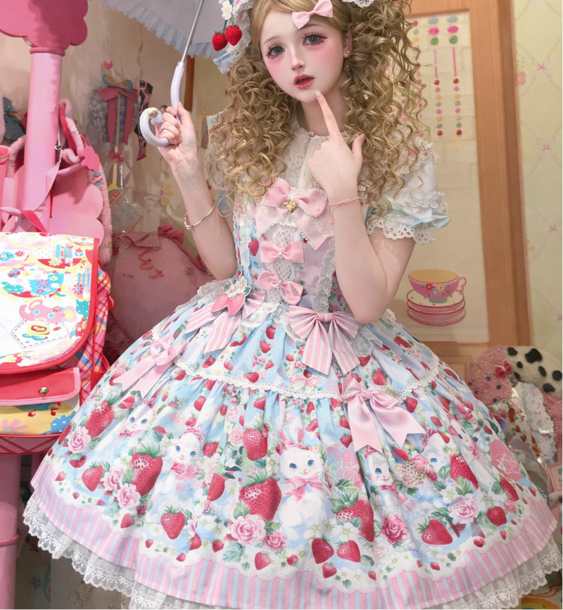 [pre-order Deadline: April 29] Strawberry Rabbit Ear Ribbon Shirt + Ruffled Shoulder Lace Ribbon Jk School Uniform Dress + Full Set/complete Set