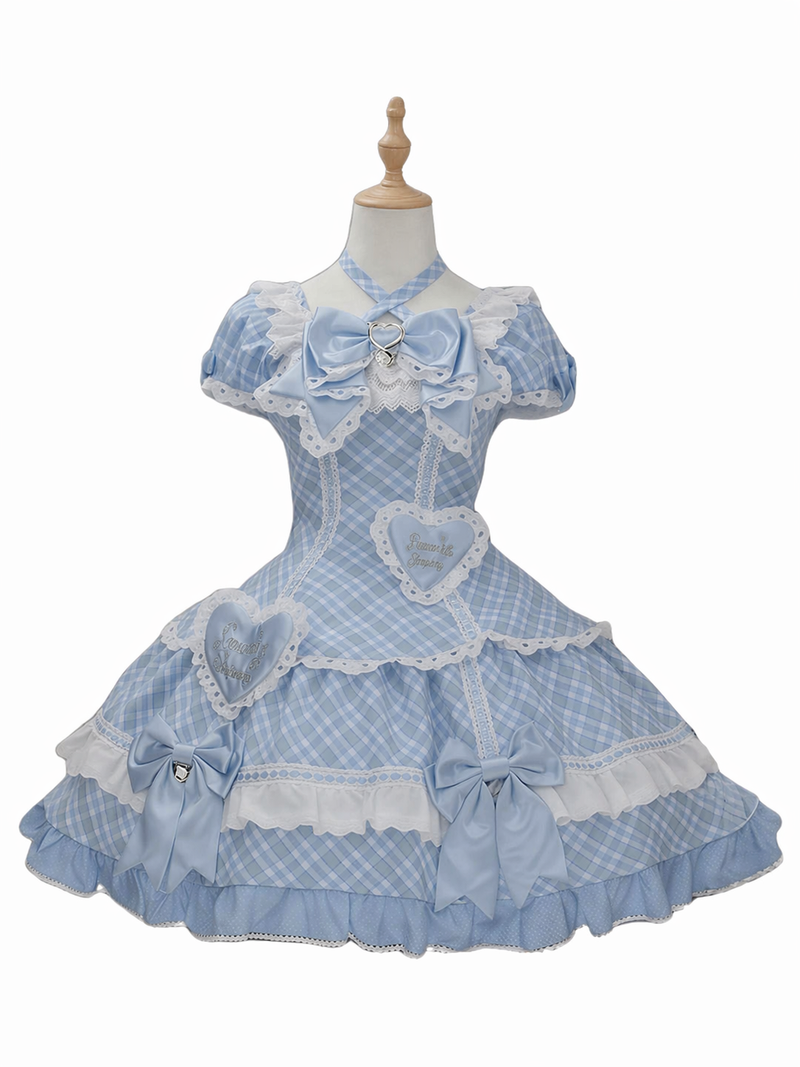 [pre-order Deadline: May 10] Blue/yellow/pink Sweetheart Lolita Ribbon Puff Sleeve Tiered Dress + Bunny Ear Full Set + Cat Ear Full Set