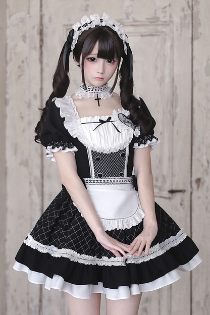 [order Deadline: May 15] Black X White Lace Ruffle Maid Dress Full Set + Cross Choker