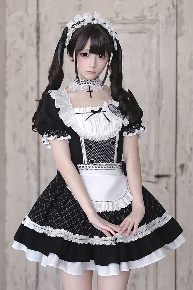 [order Deadline: May 15] Black X White Lace Ruffle Maid Dress Full Set + Cross Choker