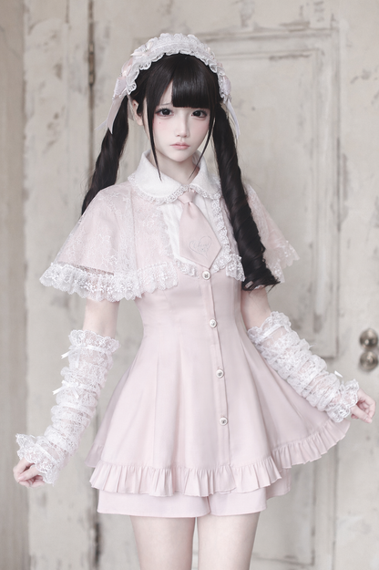 [pre-order Deadline: May 15] Pink Lace Cape Design Tie Color Dress Suit Full Set + Accessories