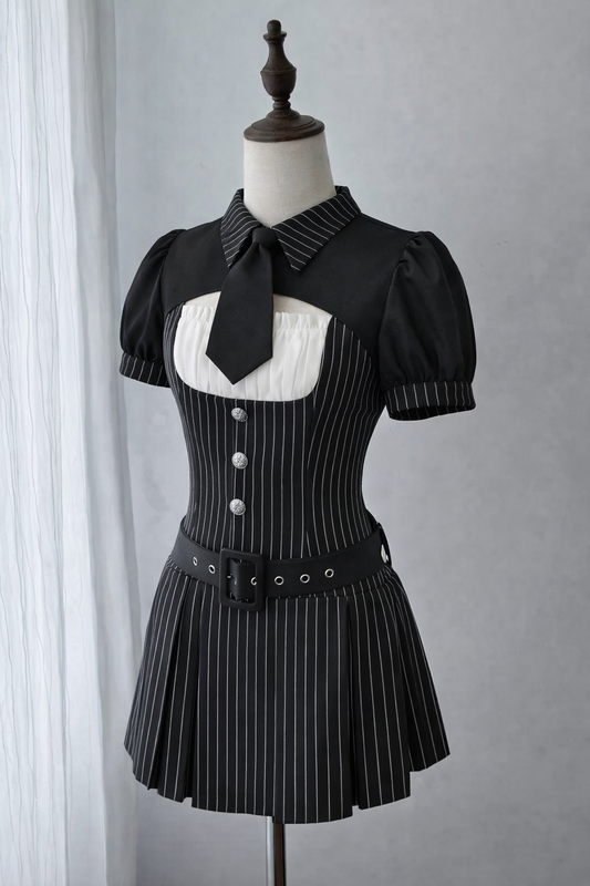 [pre-order Deadline: April 28] Black Pinstripe Tie Collar Short Jacket Dress Full Set + Jewel Casquette