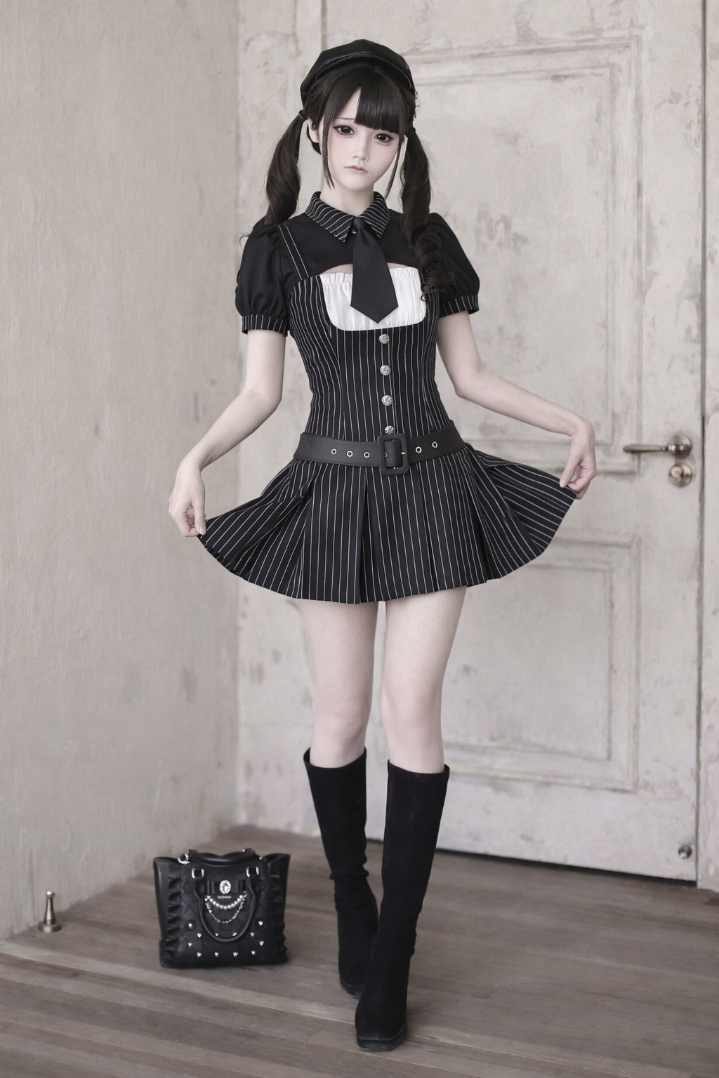 [pre-order Deadline: April 28] Black Pinstripe Tie Collar Short Jacket Dress Full Set + Jewel Casquette