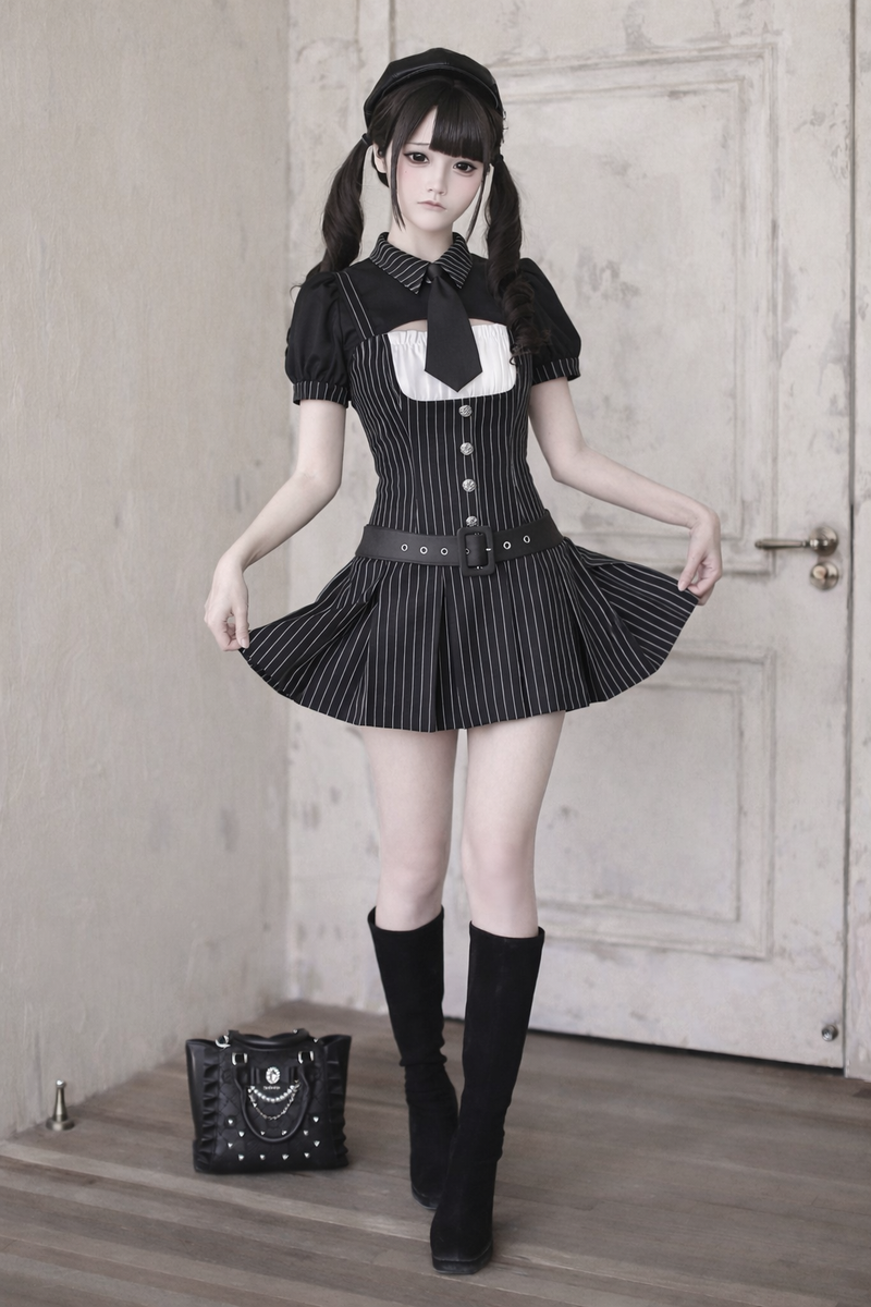 [pre-order Deadline: April 28] Black Pinstripe Tie Collar Short Jacket Dress Full Set + Jewel Casquette