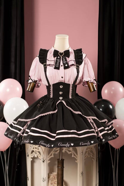 Berry Fleur Sweet Girl Blouse Black Pink Suspender Dress Set