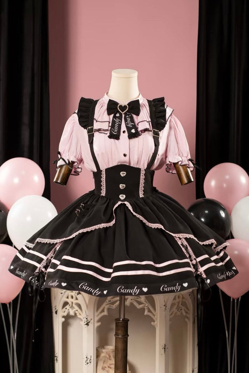 Berry Fleur Sweet Girl Blouse Black Pink Suspender Dress Set