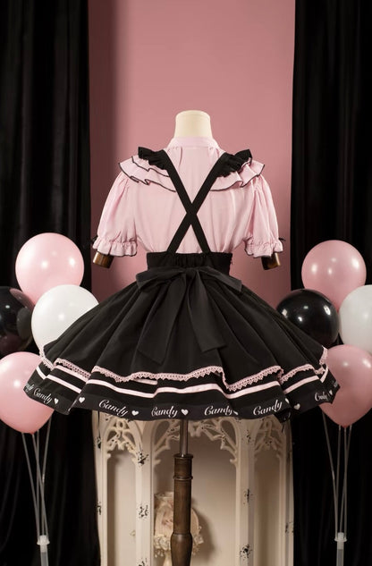 Berry Fleur Sweet Girl Blouse Black Pink Suspender Dress Set