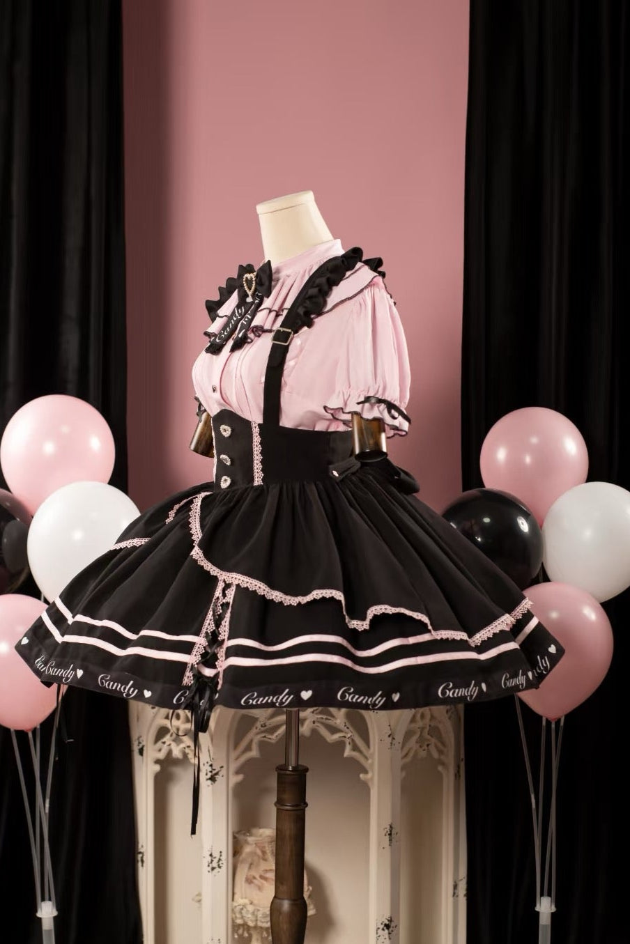 Berry Fleur Sweet Girl Blouse Black Pink Suspender Dress Set