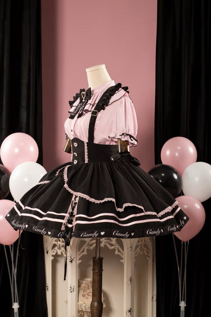 Berry Fleur Sweet Girl Blouse Black Pink Suspender Dress Set