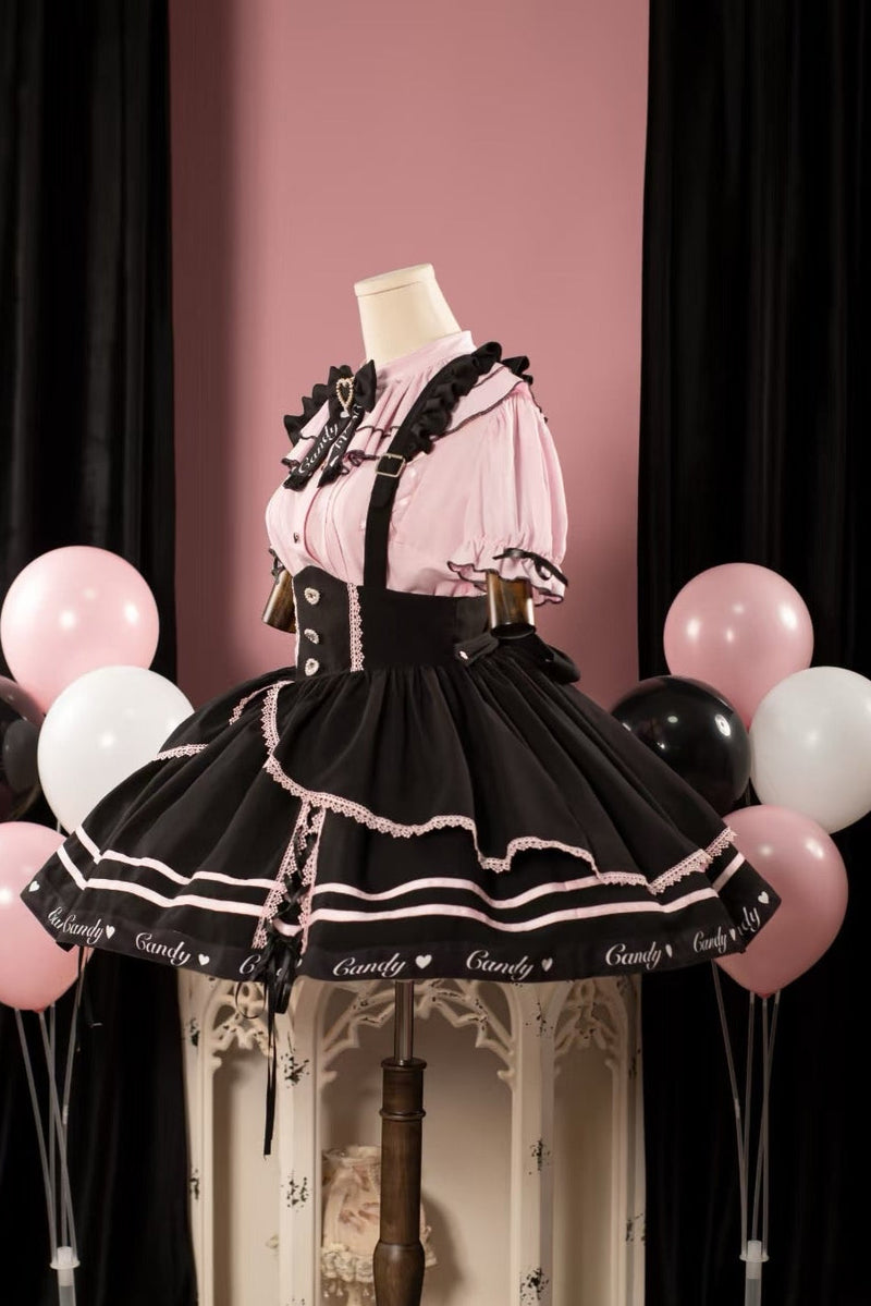 Berry Fleur Sweet Girl Blouse Black Pink Suspender Dress Set