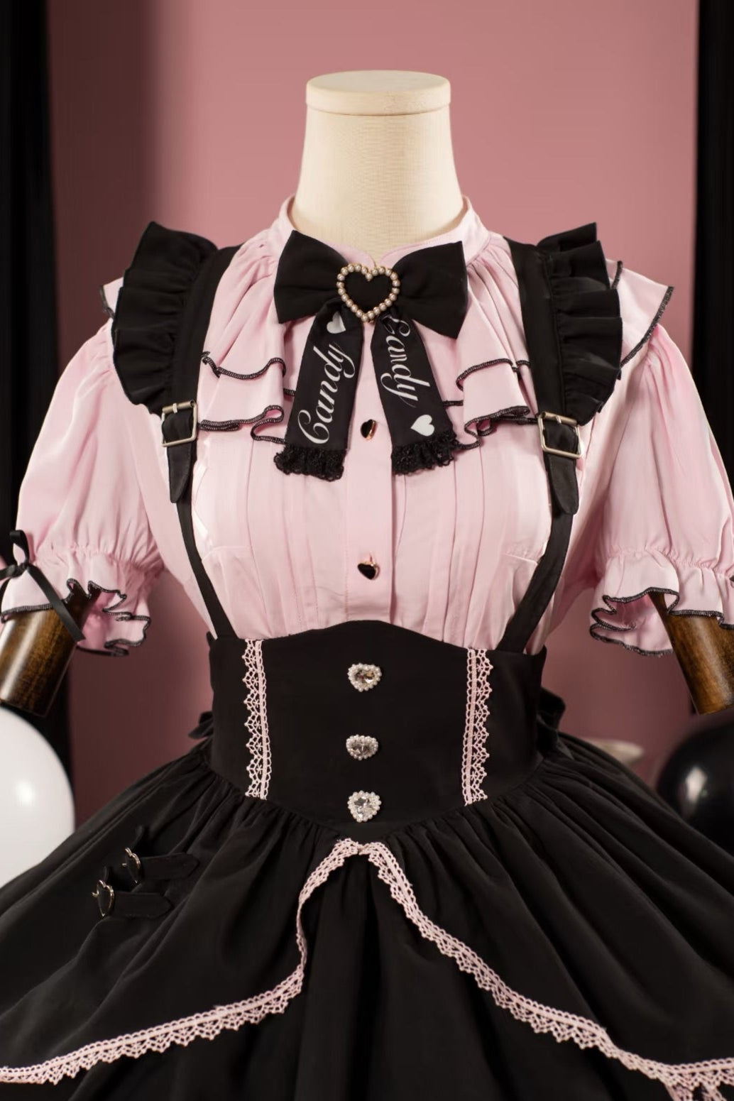 Berry Fleur Sweet Girl Blouse Black Pink Suspender Dress Set