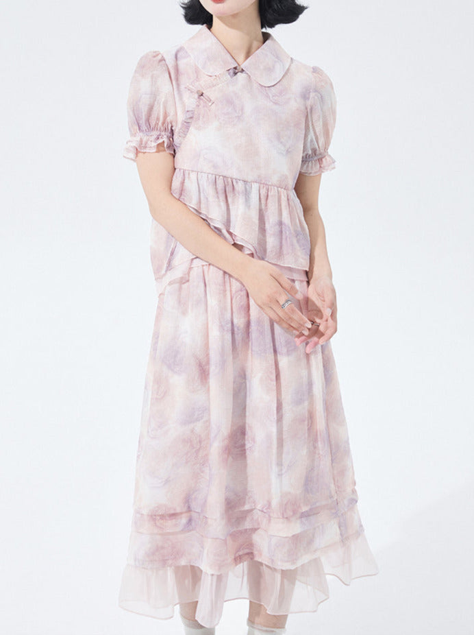 Chinese-style Rose Print Puff Sleeve Ruffle Shirt Skirt Two Piece Set