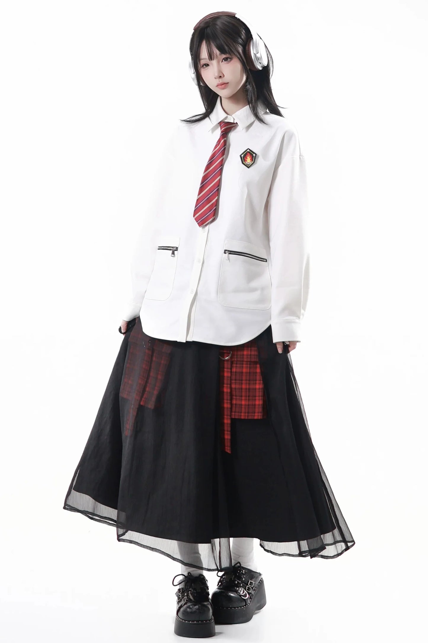 College Knit Vest + Shirt + Long Skirt + Pants + Tie