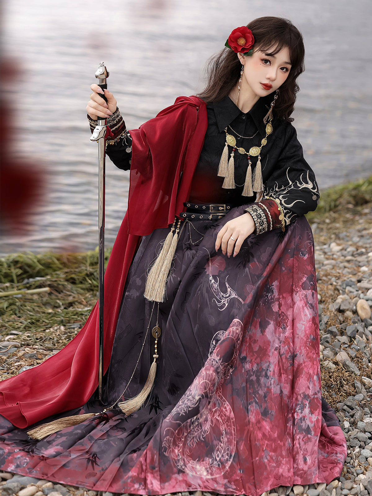 Fire China Long Coat + Top + Long Skirt