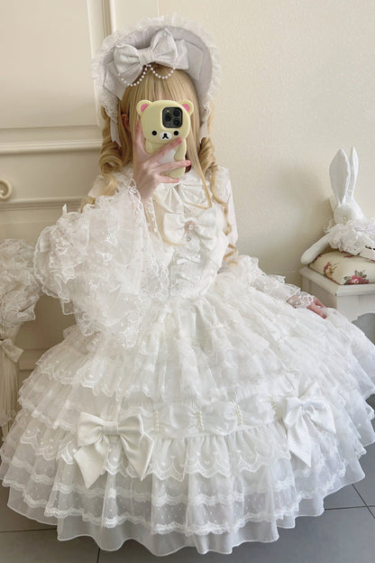 [pre-order] White Sugar Doll Princess Sleeve Suspender Dress Suit + Bonnet Hat