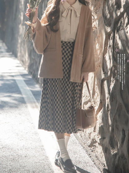 Sakura Note Showa Retro Haori Jacket + Chiffon Ribbon Shirt + Checkered Skirt + Dark Gray Skirt + Brooch
