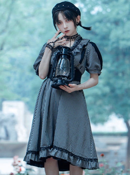 Steam Continental Retro Stripe Puff Sleeve Dark Gothic Dress