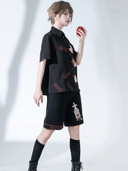 Bad Apple Embroidered Handsome Loose Summer Shirt Short Pants Set