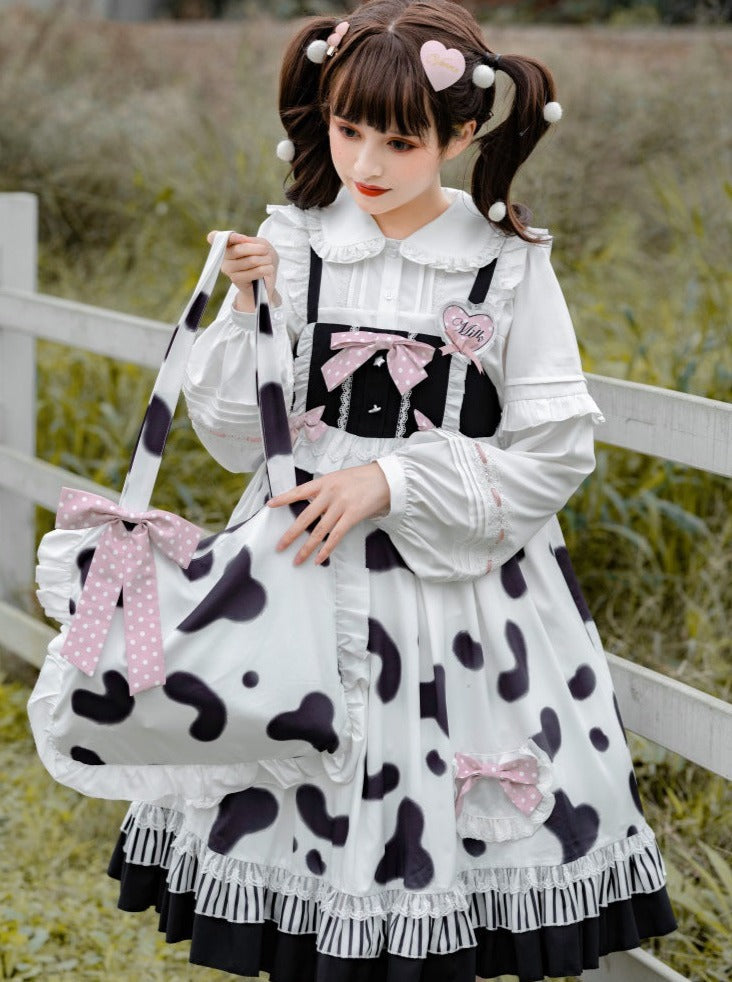 Fur Coat + Cow Suspender Skirt + Blouse