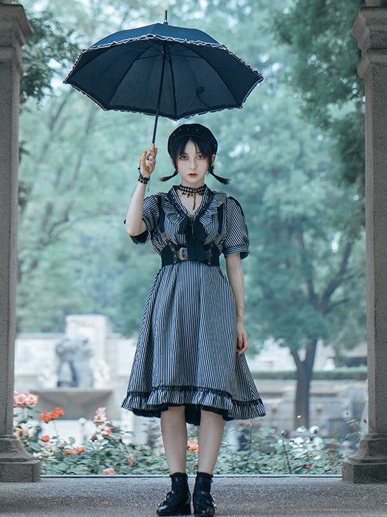 Steam Continental Retro Stripe Puff Sleeve Dark Gothic Dress