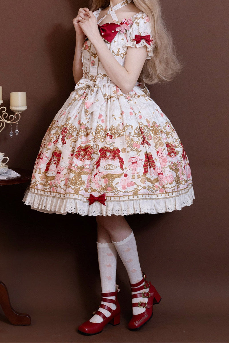 [pre-order Deadline: April 26] Retro Romance Sweet Lolita Ribbon Cake Print Halter Neck Dress