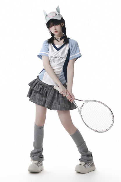 Blue Jersey Design Top + Ruffle Skirt + Hooded Top