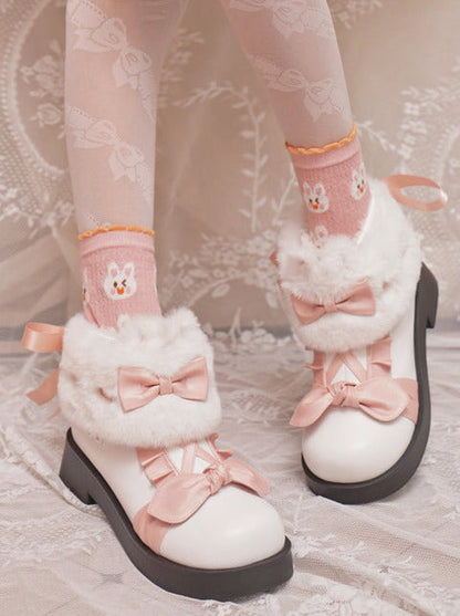 Snow Lolita Mid-heel Color Block Ribbon Sweet Velvet Short Boots
