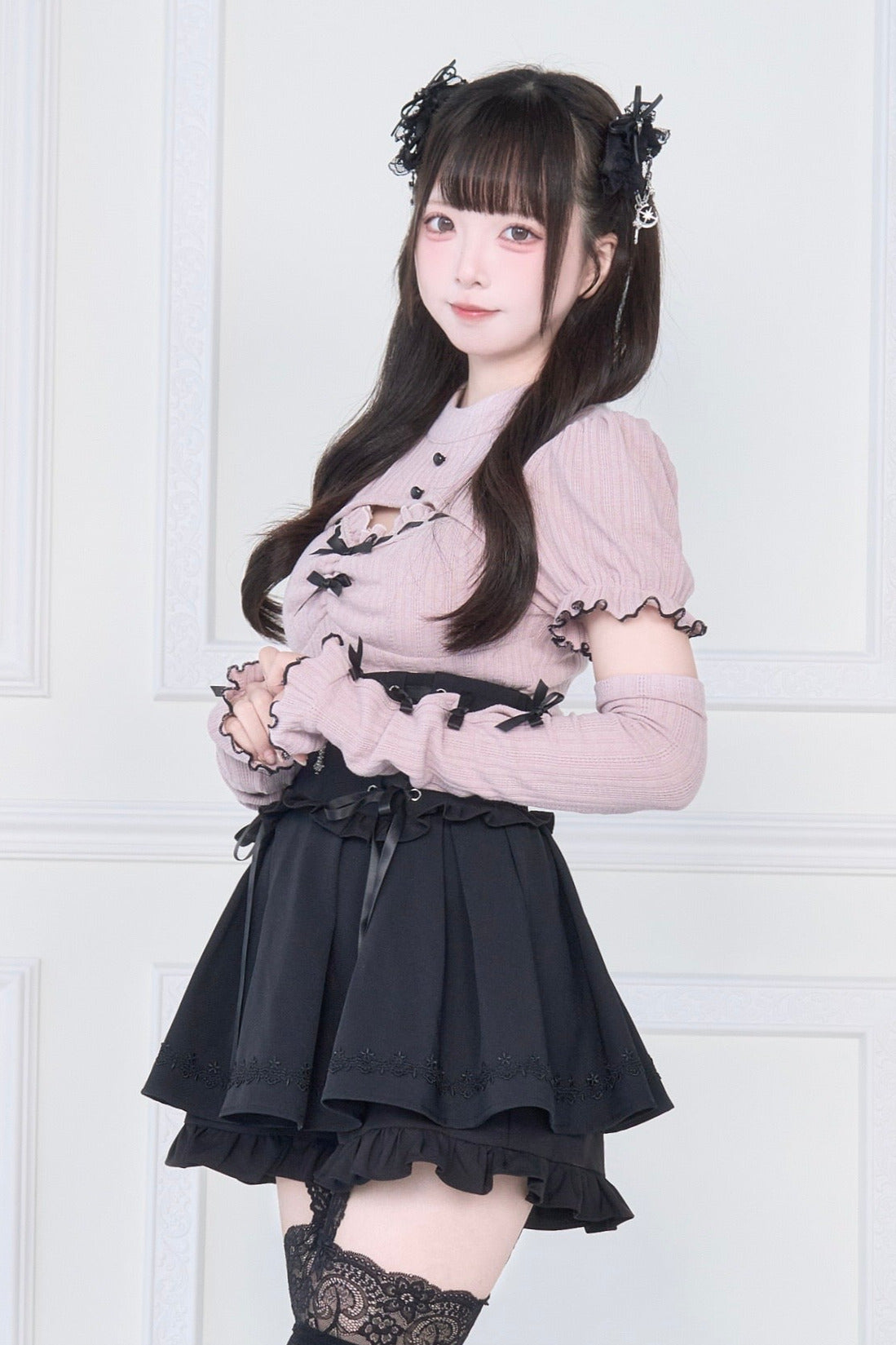 [pre-order] Knit Top With Ribbon Sleeves + Gothic Cross Lace Up Skirt
