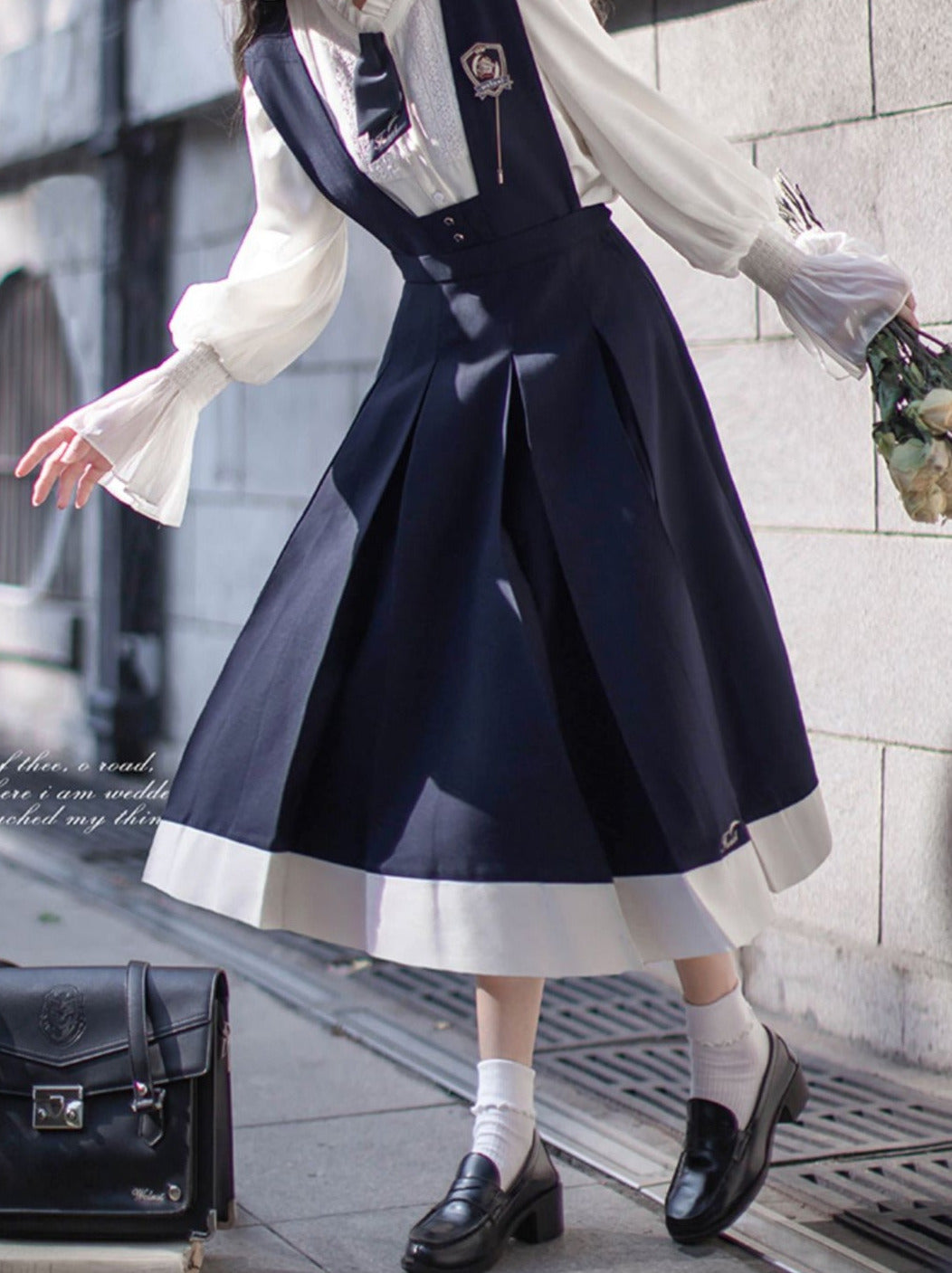 College Style Retro Ruffle Chiffon Blouse + Cyan Dress + Beret + Emblem + Necktie