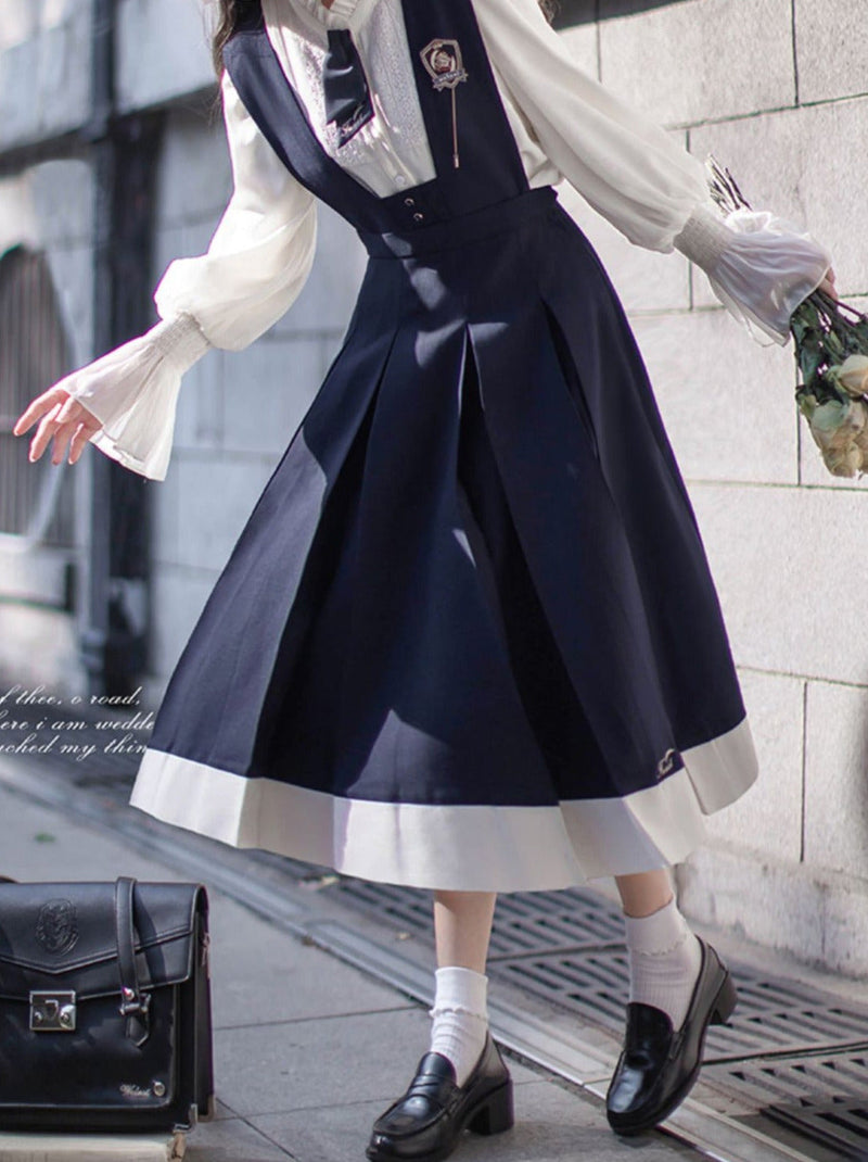 College Style Retro Ruffle Chiffon Blouse + Cyan Dress + Beret + Emblem + Necktie