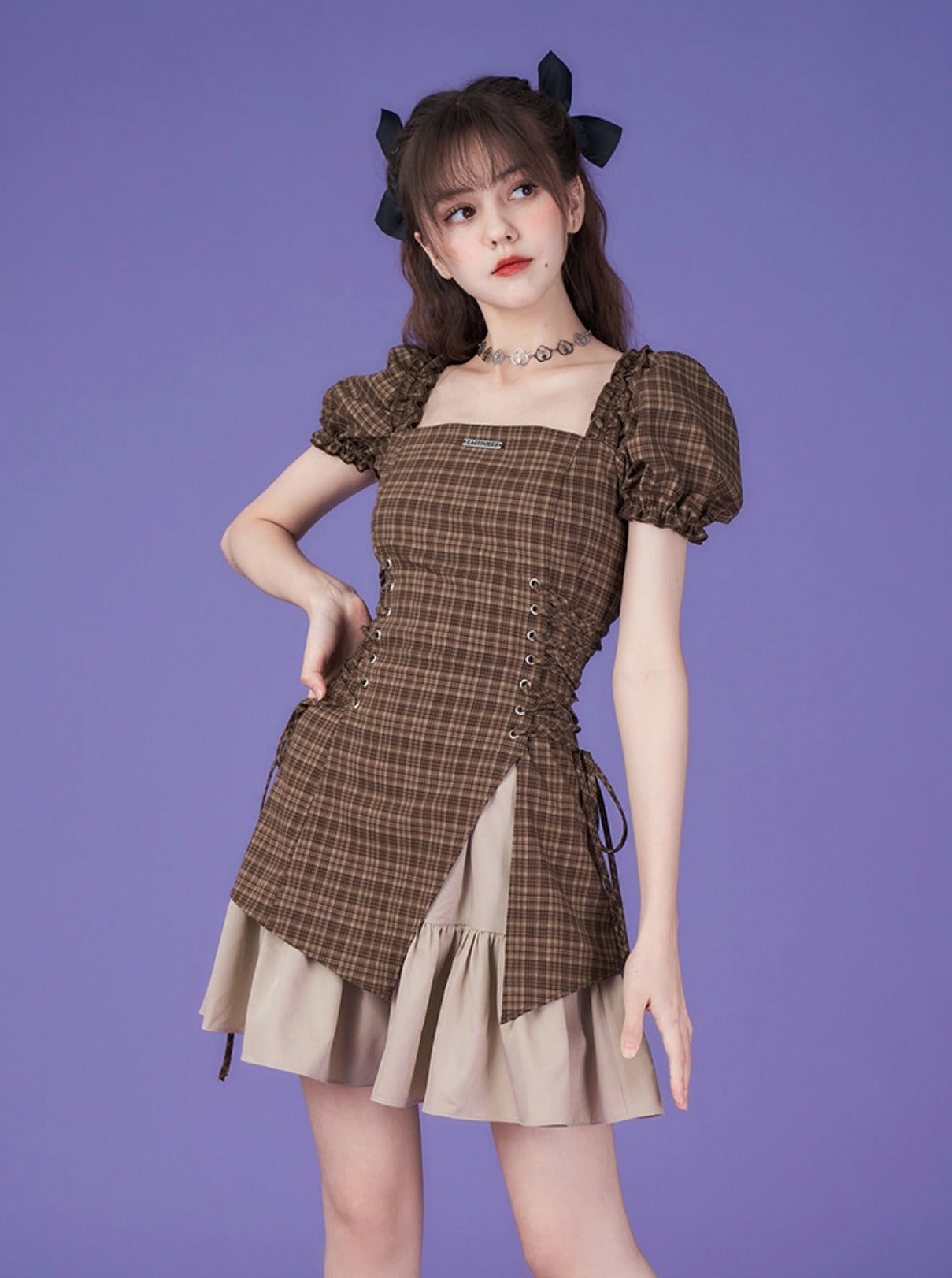 Pure Cool Design Coffee Color Plaid Dress